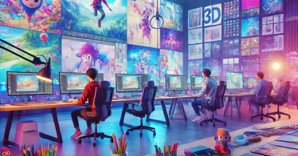 DALL·E 2024-10-08 15.14.24 - A vibrant and colorful scene showing a 3D animation studio workspace. The setting includes designers working on large screens with 3D models, characte